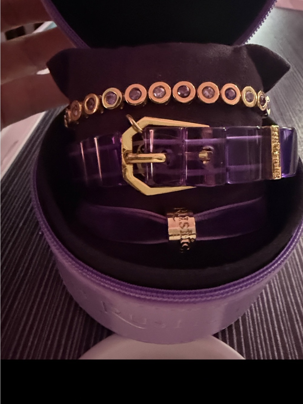 Rustic Cuff Purple Acrylic and Crystal Accent Women’s Bracelet Set